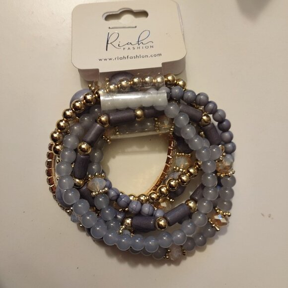 Set Of 6 Stretch Beaded Bracelets In Gray & Gold Tones By Riah Fashion-NEW - Picture 6 of 6
